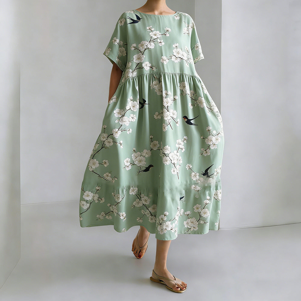Vintage Japanese Art Plum Blossom And Swallow Print Long Sleeve Casual Midi Dress