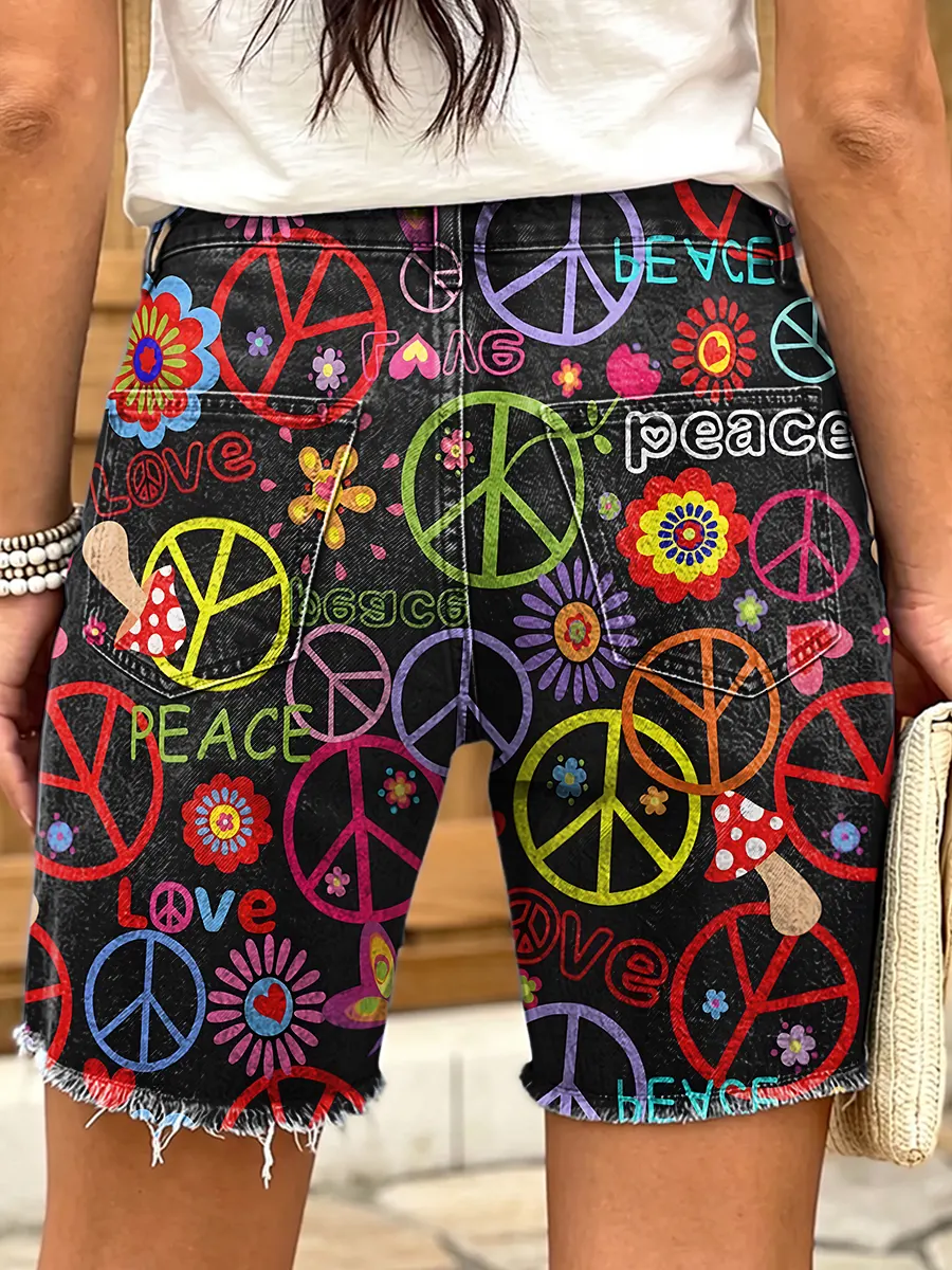 Hippie Peace Love Women's Art Print Casual Denim Shorts