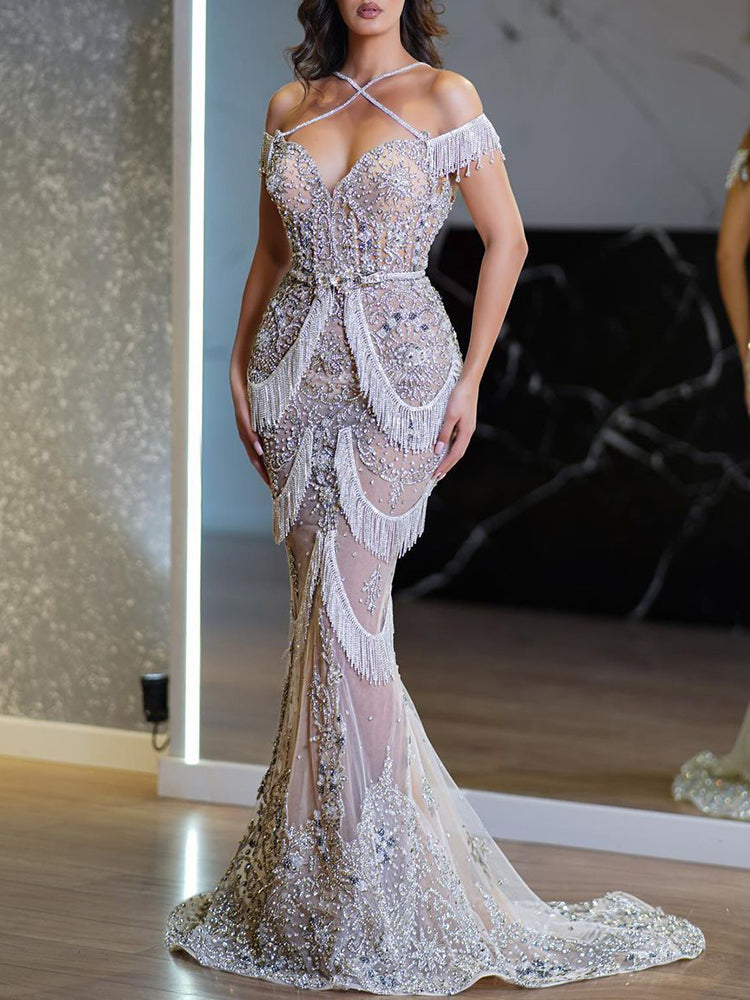 Off-The-Shoulder See-Through Beaded Tasseled Wrap Wedding Maxi Dress