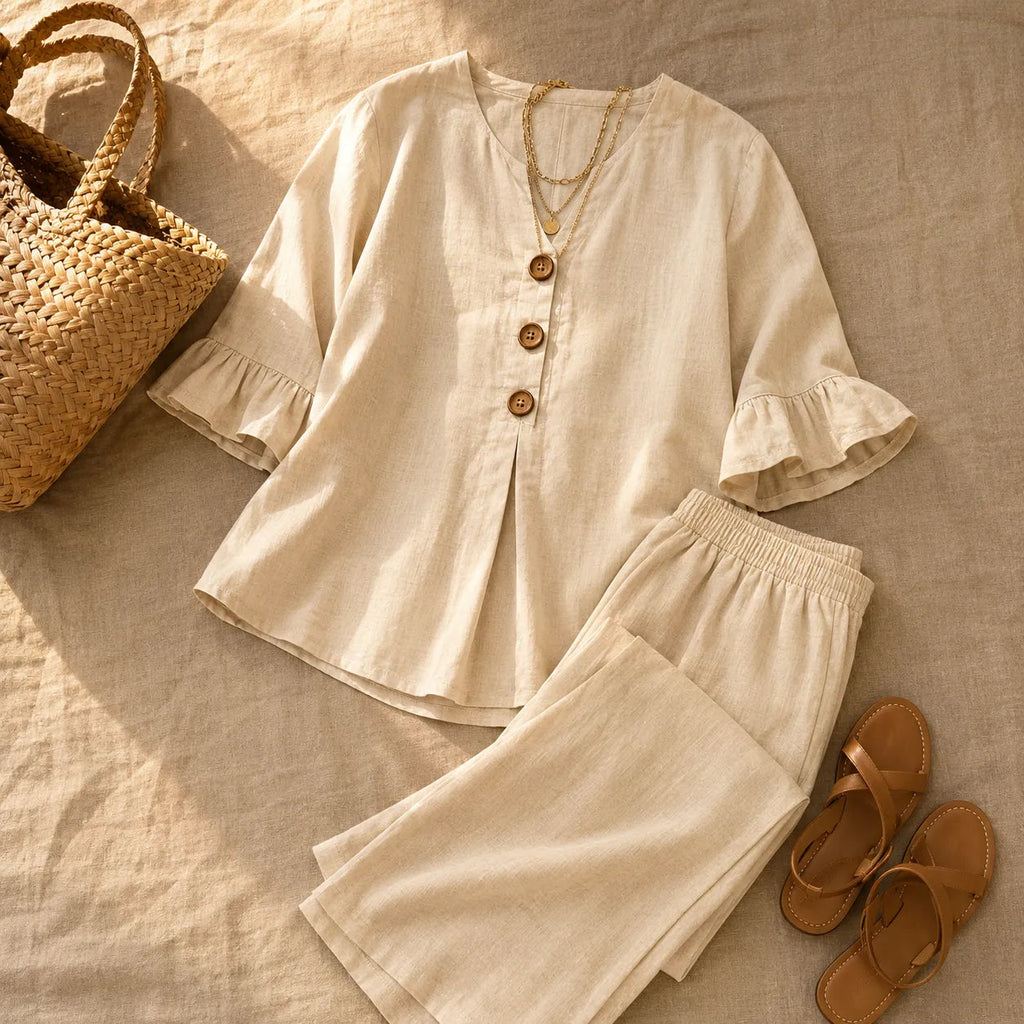 Lunavia – Linen-Look Two-Piece Set with Ruffle Sleeves and Wide-Leg Pants