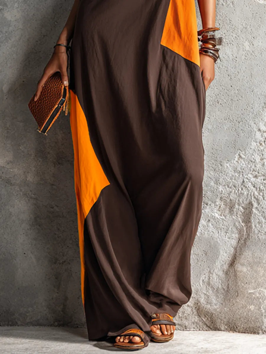 Women's Casual Style Dark Brown And Bright Orange Color-Blocked Cotton Blend Sleeveless Irregular Patchwork Long Dress MDZ2419F3GMJ