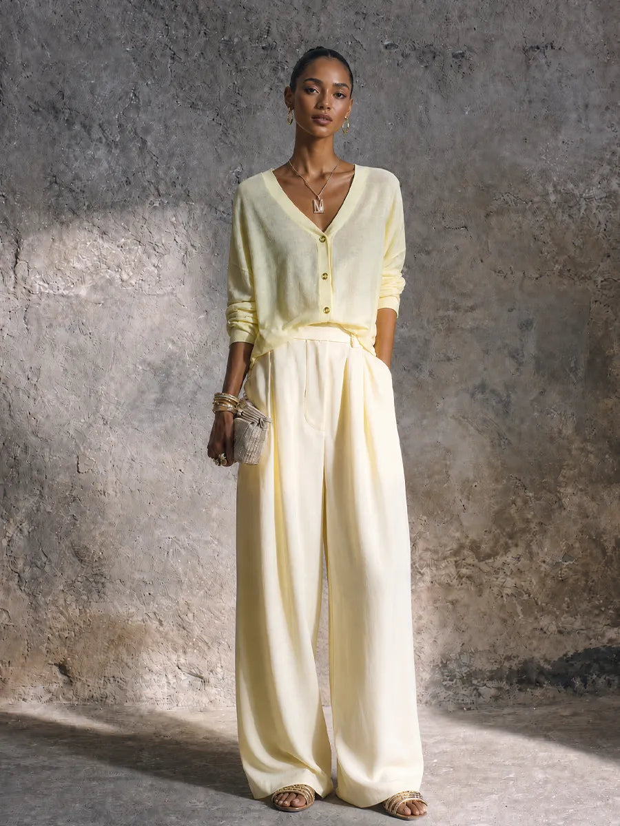 Women's Minimal Casual Pale Yellow Cotton Blend V Neck Single Button Pleated Full Length Wide Leg Pants Two Piece Set MDZ1081G1GMJ
