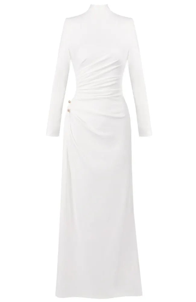 Long Sleeves Draped Detail Maxi Dress White