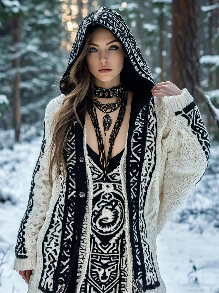 Viking Pattern Cozy Knitted Hooded Sweater Cardigan