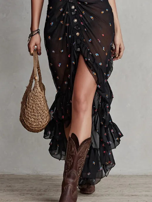 Black Floral V-Neck Dress with Binding and Flounce Sleeves