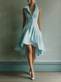 Women's Sky Blue Cotton Blend Sleeveless Dress With Collared Neckline & Flared Skirt MDZ2786B1T