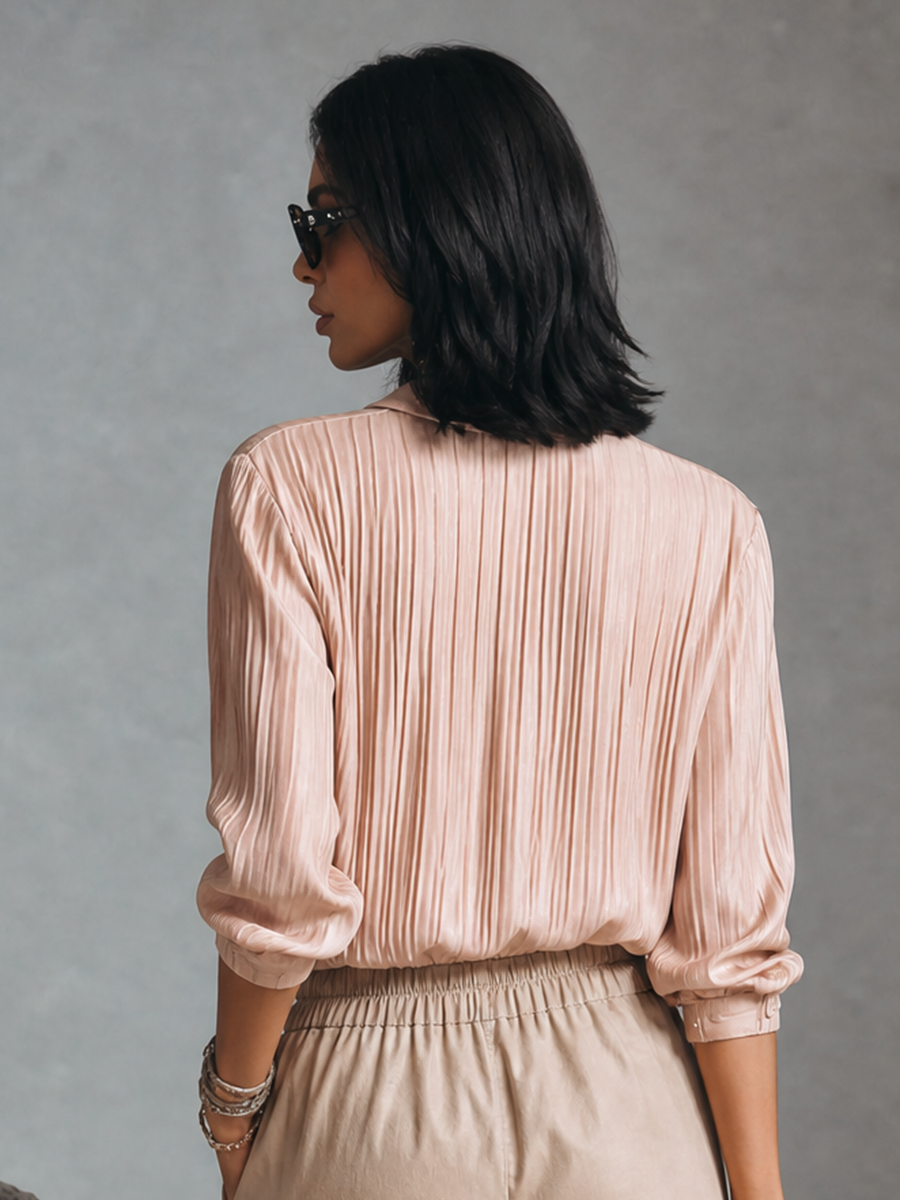Women's Elegant Pink Satin Pleated Button-Down Long Sleeve Shirt MDZ2049G9GMJ