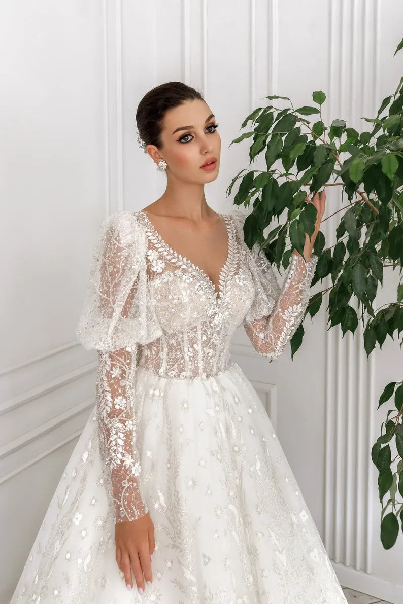 Designer Long Half puff sleeve V-neckline Corset Reflective glitter Sparkling Sequin handmade applications A-line princess wedding dress