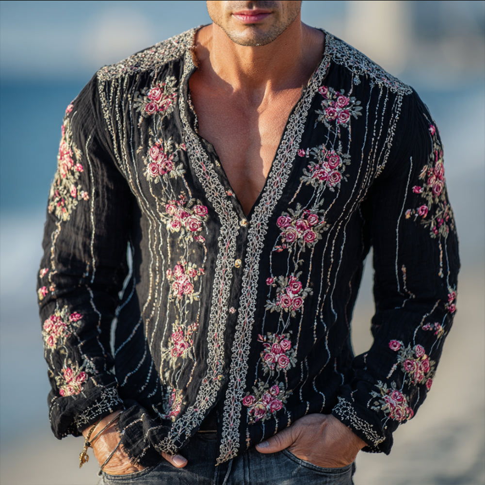 Men's Retro Floral Embroidered V-neck Long Sleeve Top