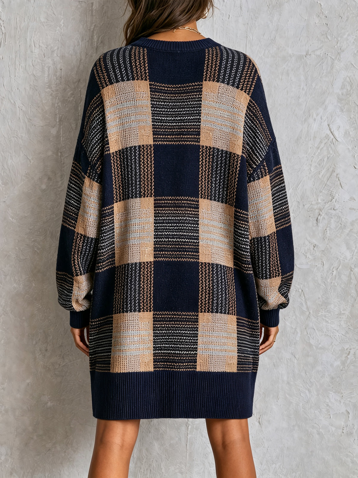 Plaid Oversized Sweater Dress Long Sleeve Crew Neck Knit Mini Dress