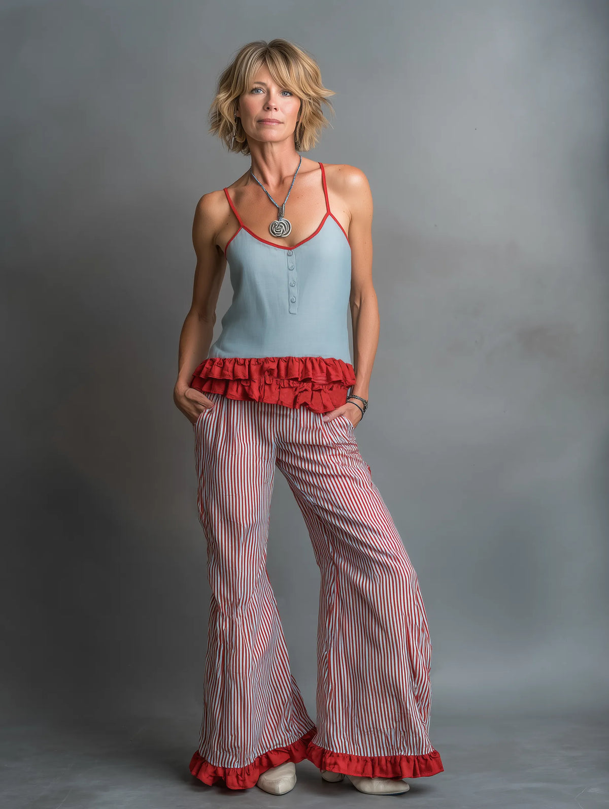 Women's Minimalist Camisole And Wide-leg Trousers Set With A Striped, Ruffled Hem MDZ3097F9WY