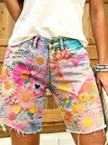 Women's Retro Daisy & Heart Collage Print Frayed Denim Bermuda Shorts