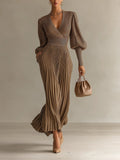 Coffee Brown Ribbed Wrap V-Neck Maxi Dress