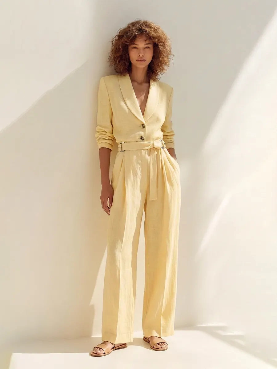 Women's Elegant Casual Light Yellow Linen Shawl-Collar Belted Blazer & Wide-Leg Trouser Set MDZ2011G8CMX