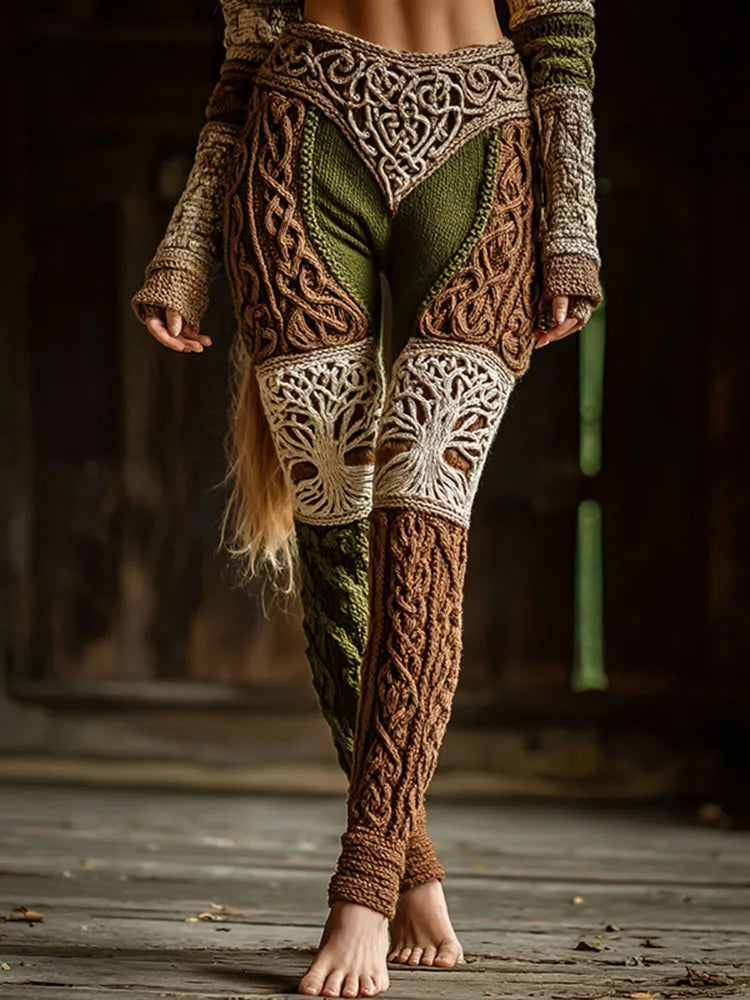 Women's Retro Viking Celtic Knot Rune Contrast Print Knit Leggings