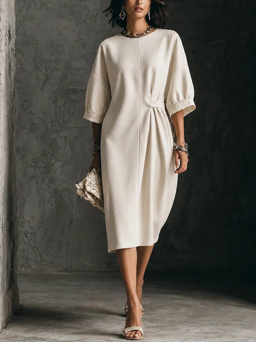 Women's Minimalist Ivory Cotton Blend Draped Waist Puff Sleeve Midi Dress MDZ1747G7GMJ