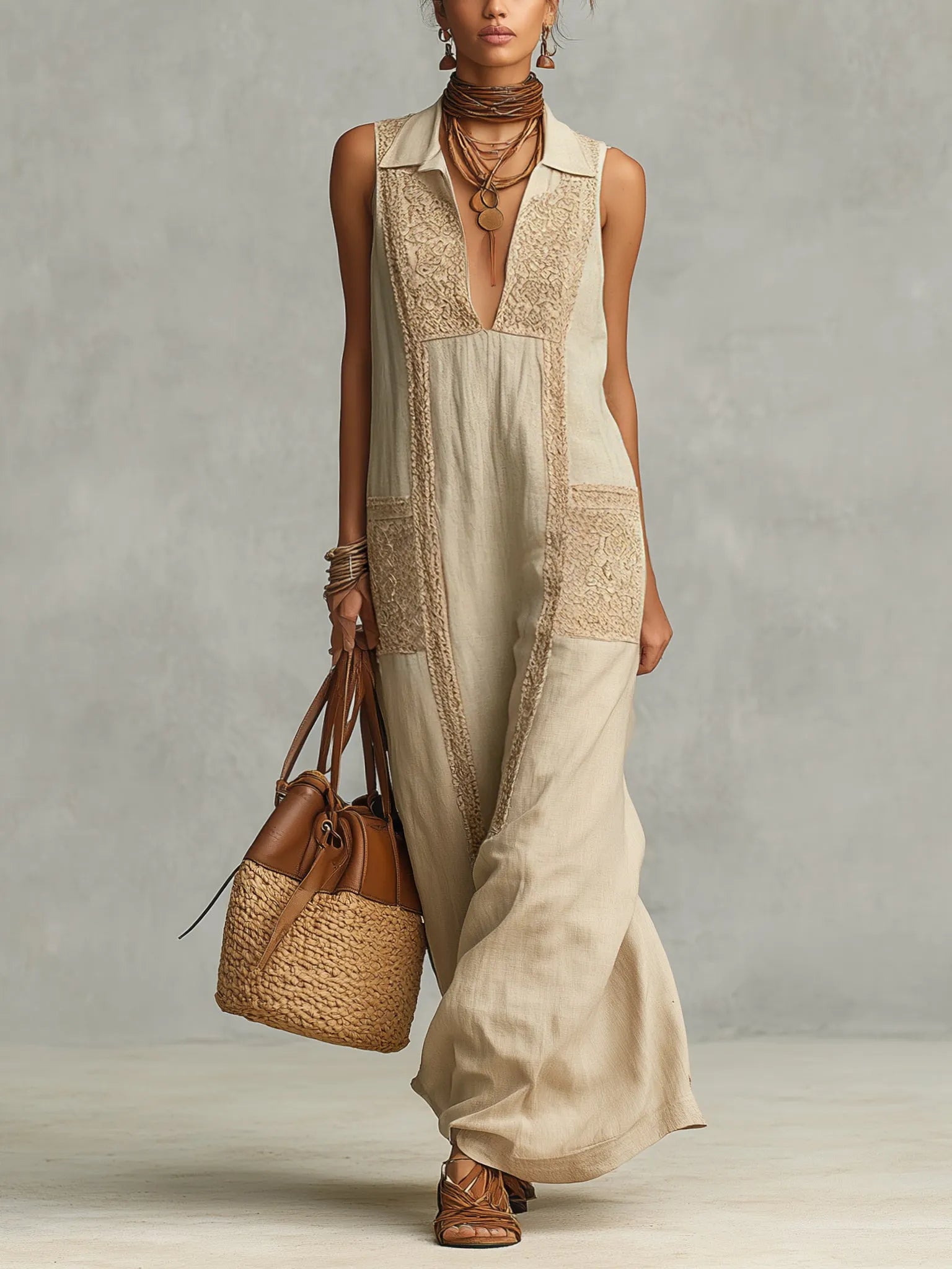 Beige Linen Blend Lace Patchwork Maxi Dress