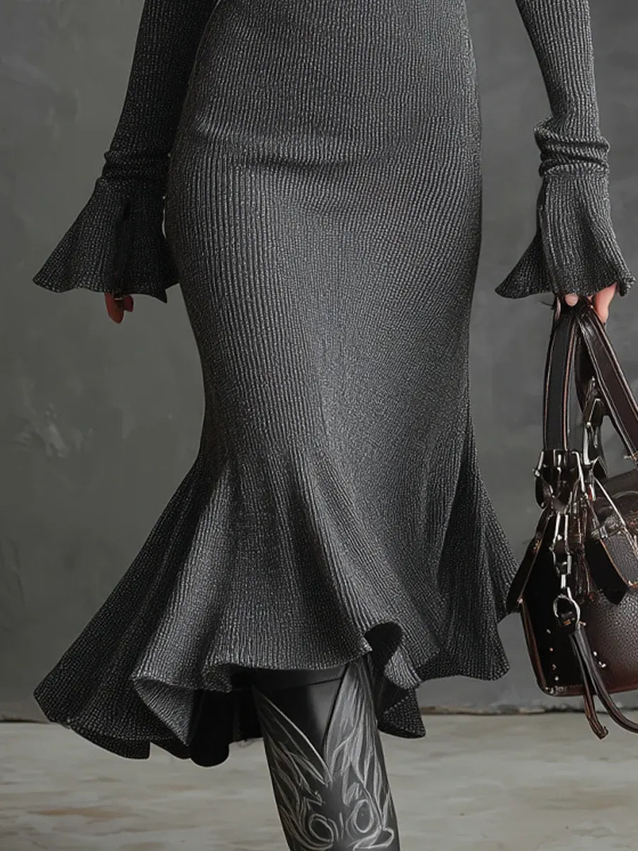Grey Zipper Neck Bell Sleeve Knit Midi Dress