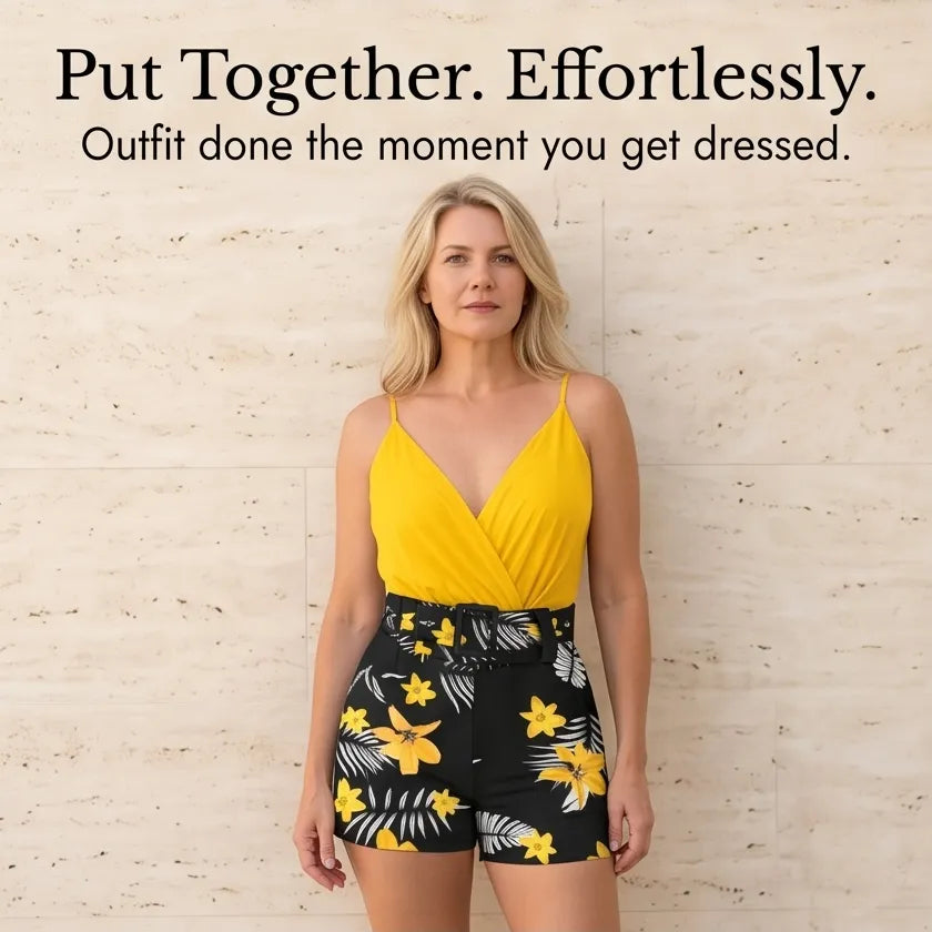 Clarendale - Women's Wrap V-Neck Summer Set with Floral Shorts