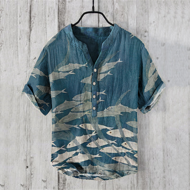 Japanese Fish Art Print Linen Blend Cozy Shirt