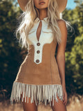 【24-hour shipping out】Trendy Retro Western Lapel Colorblock Tassel Mini Dress