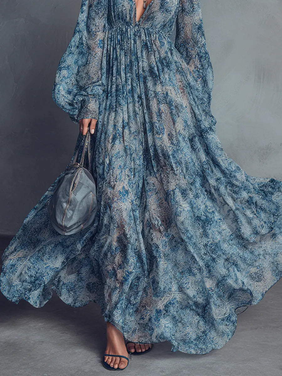 Women's Bohemian Style Blue Floral Print V-Neck Lantern Sleeve Chiffon Maxi Dress MDZ1067B8BA