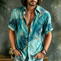 Men's Spring Vintage Marble Art Print Flowy Linen Blend Short Sleeve Shirt