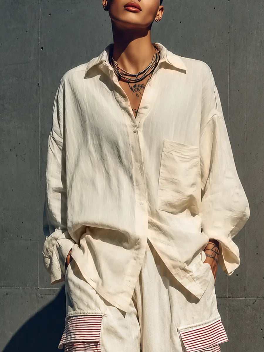 Women's Cream Linen Oversized Pocket Shirt Red White Stripe Patch Cargo Jogger Pants Two Piece Outfit Set MDZ0918G4YZJ