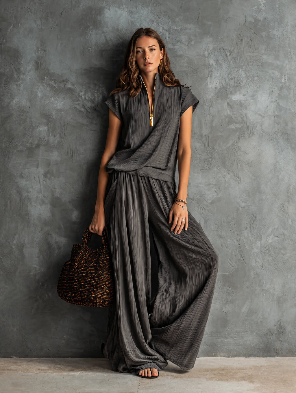 Women's Casual Grey Woven Pleated Short-sleeve Top Paired With Trousers MDZ1752G5LXY