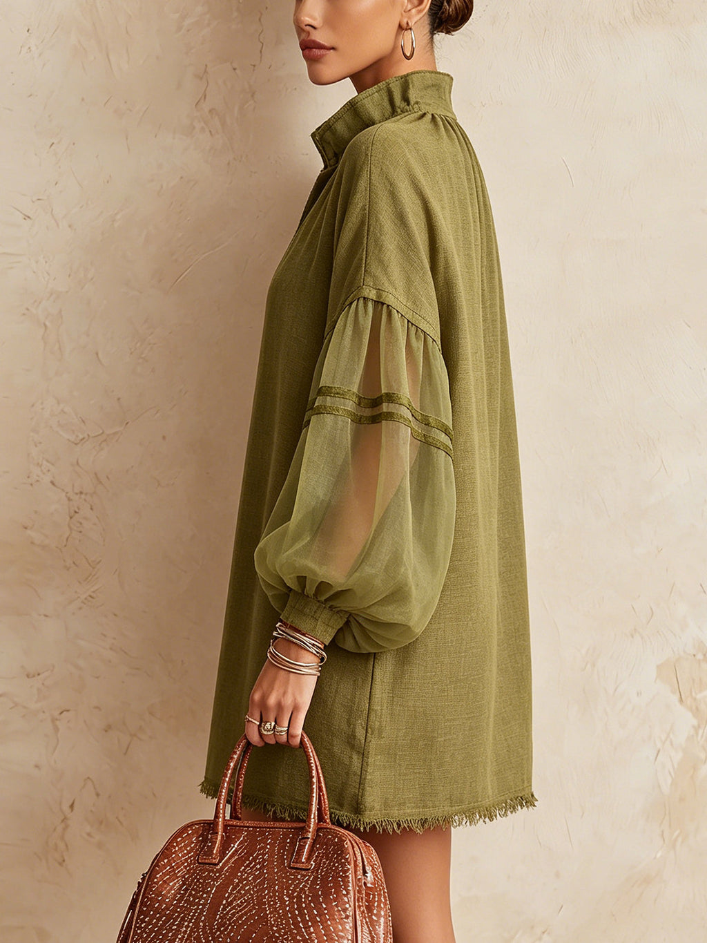 Olive Green Mini Dress With Sheer Puff Sleeves And Frayed Hem