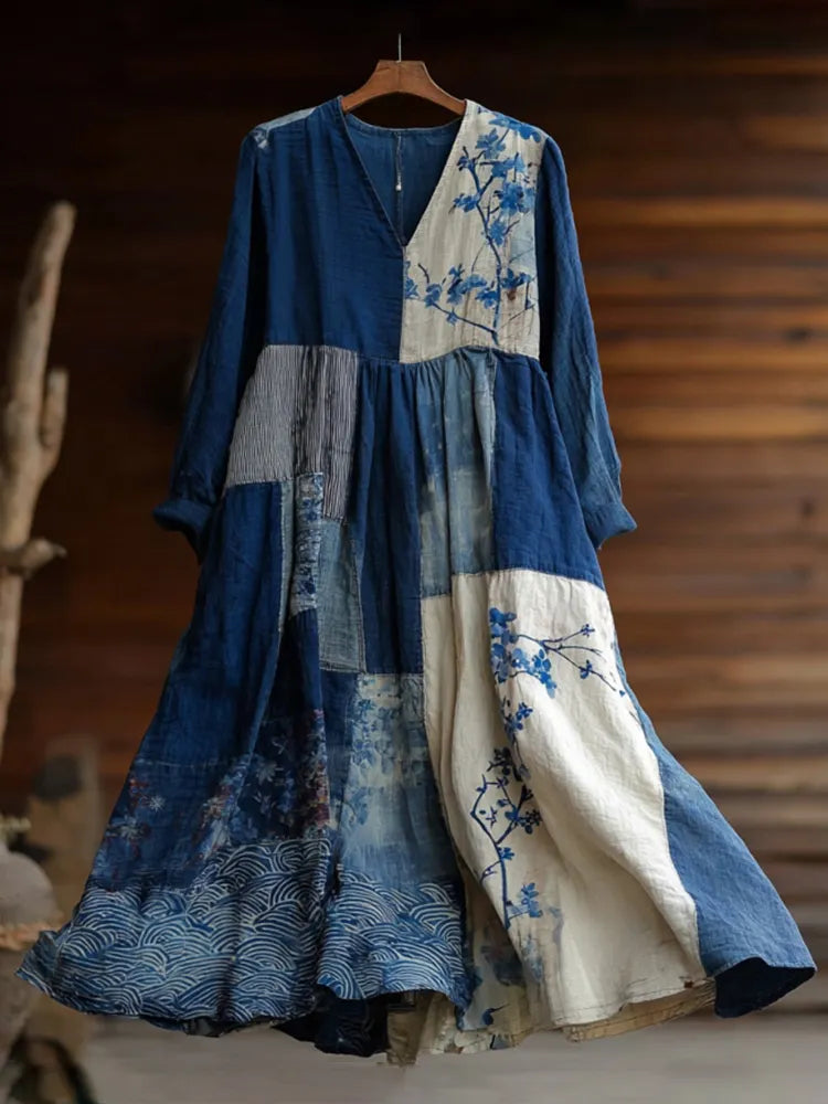 Women's Japanese Geometric Cherry Blossom Embroidery Patchwork Cotton And Linen Dress