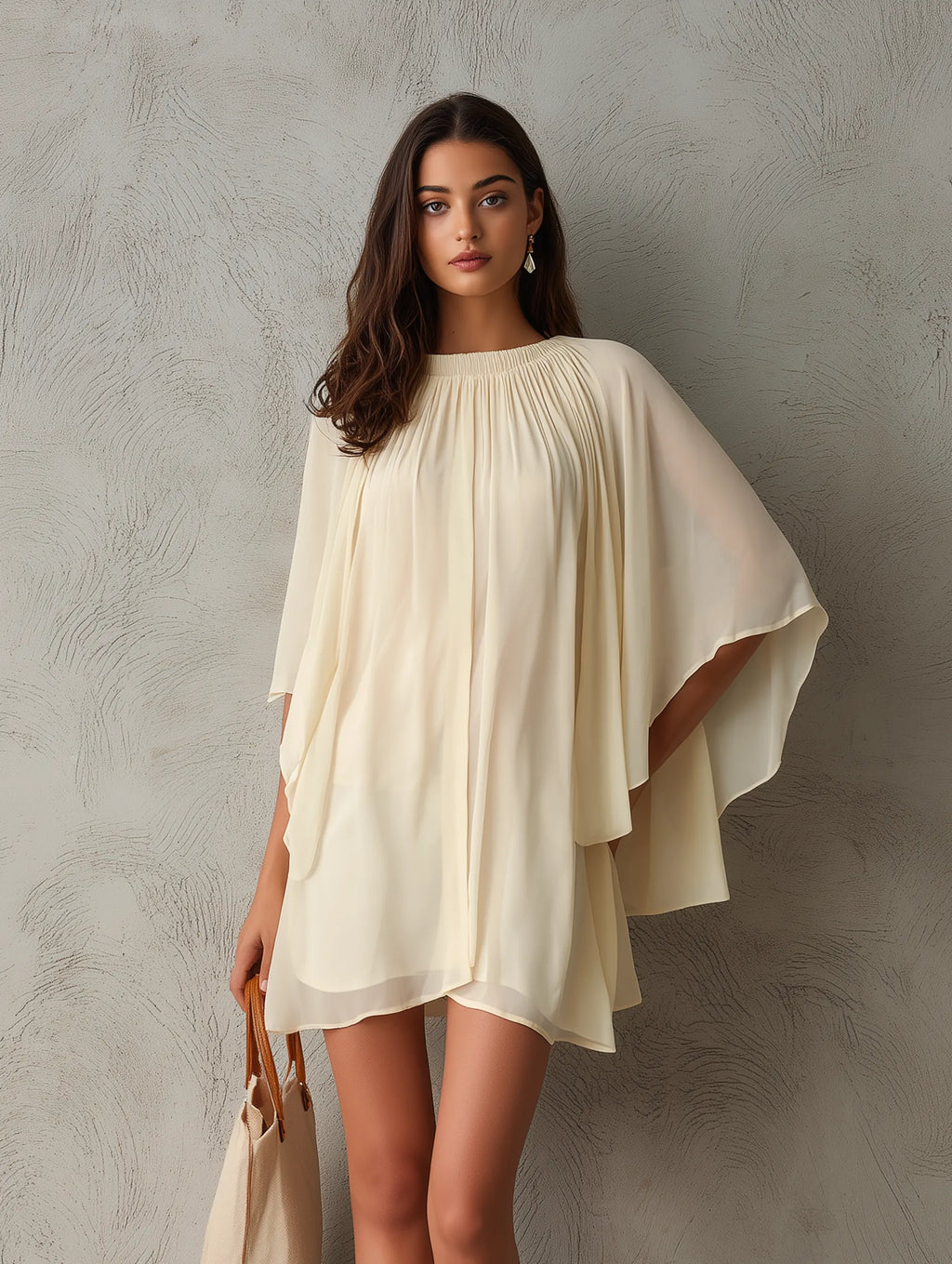 Women's Casual Beige Chiffon Short Dress With Cape Sleeves MDZ0165G8LXY