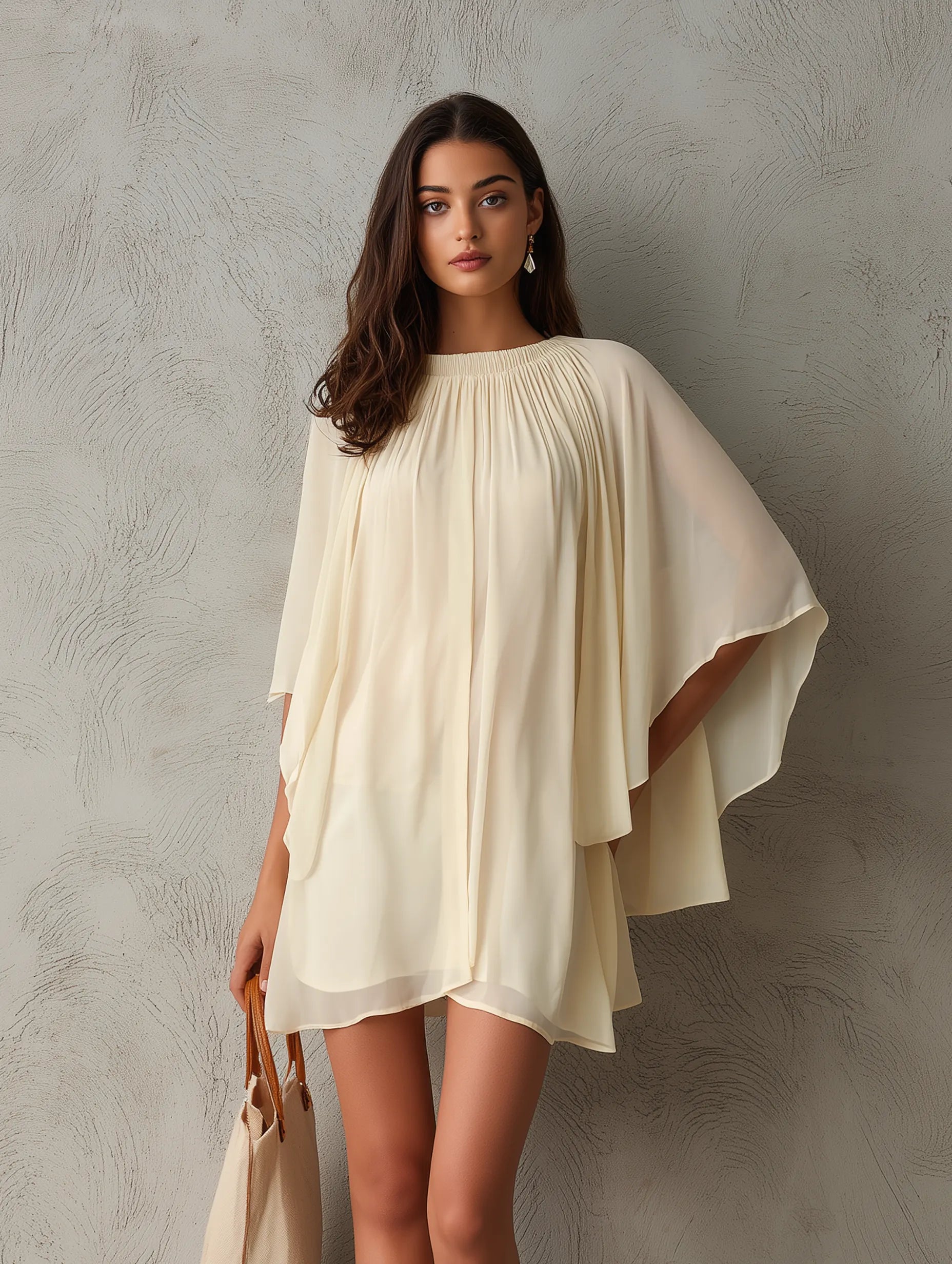 Women's Casual Beige Chiffon Short Dress With Cape Sleeves MDZ0165G8LXY