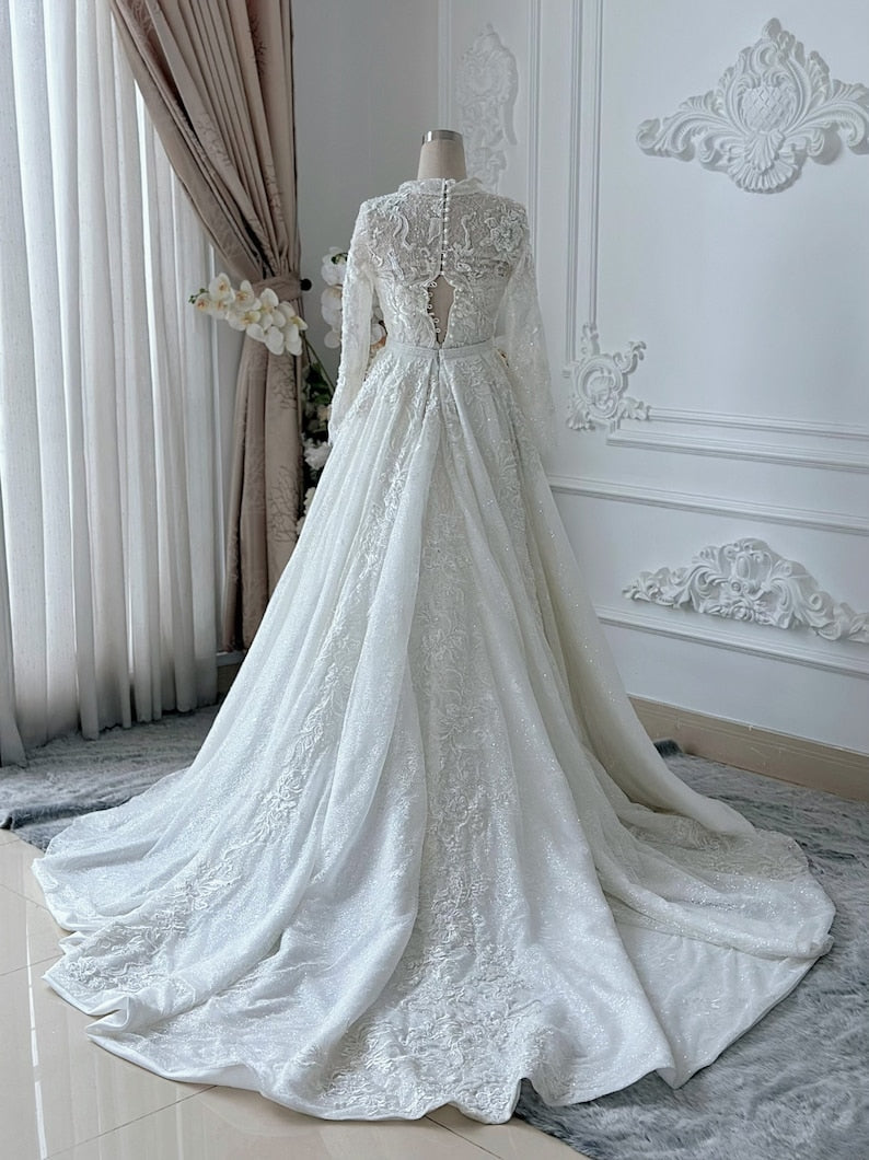 Mermaid wedding dress, V-neck high-neck long-sleeved wedding dress, two-in-one sparkling wedding dress
