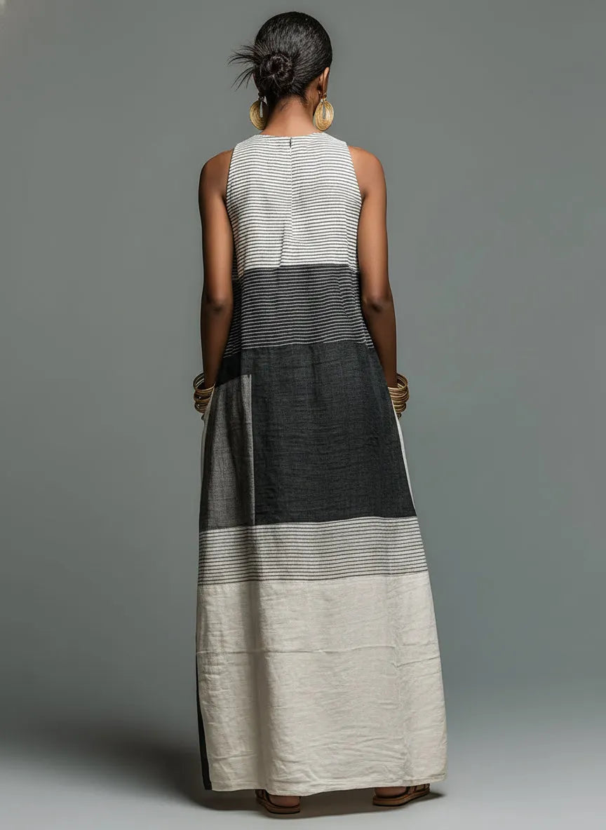 Color-block Striped Sleeveless Maxi Dress with Pockets