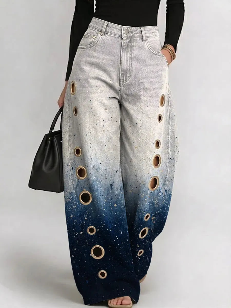 Women's Vintage Gradient Art Print Casual Fashion Cutout Jeans