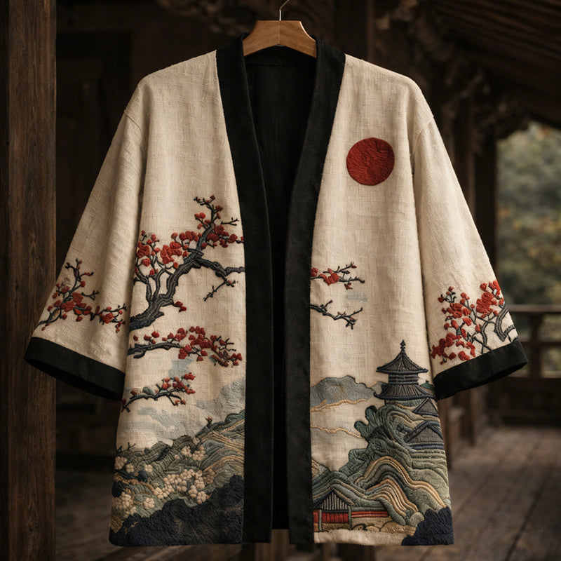 Japanese Cherry Blossom Landscape Art  Linen Blend Kimono Cardigan
