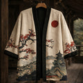 Japanese Cherry Blossom Landscape Art  Linen Blend Kimono Cardigan