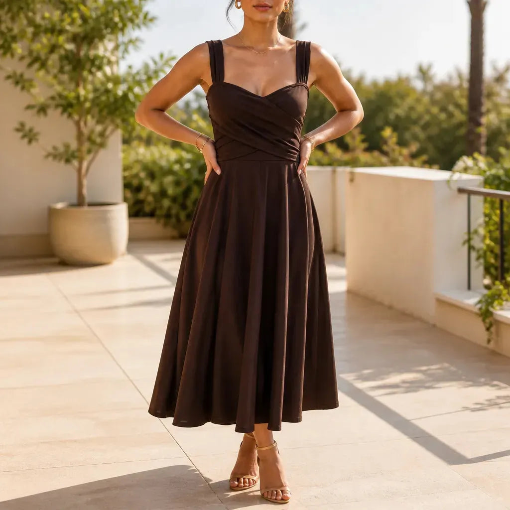 Vellora – Ruched Sweetheart Midi Dress with Pockets