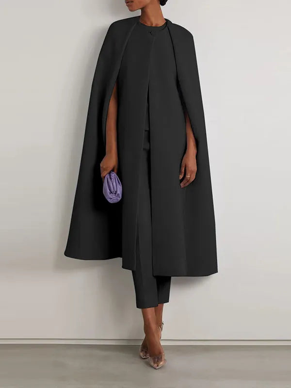 Cap Sleeve Solid Color Round-Neck Cape Pants Pants Set Two Pieces Set