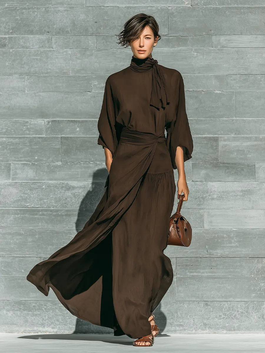 Women's Dark Brown Matte Satin Tie-Neck Three-Quarter Sleeve Dress MDZ0716G2YZJ