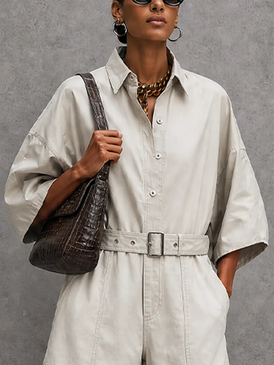 Women's Minimalist Workwear Light Gray Cotton Blend Lapel Belt Waist Loose Short Jumpsuit MDZ0917G3GMJ
