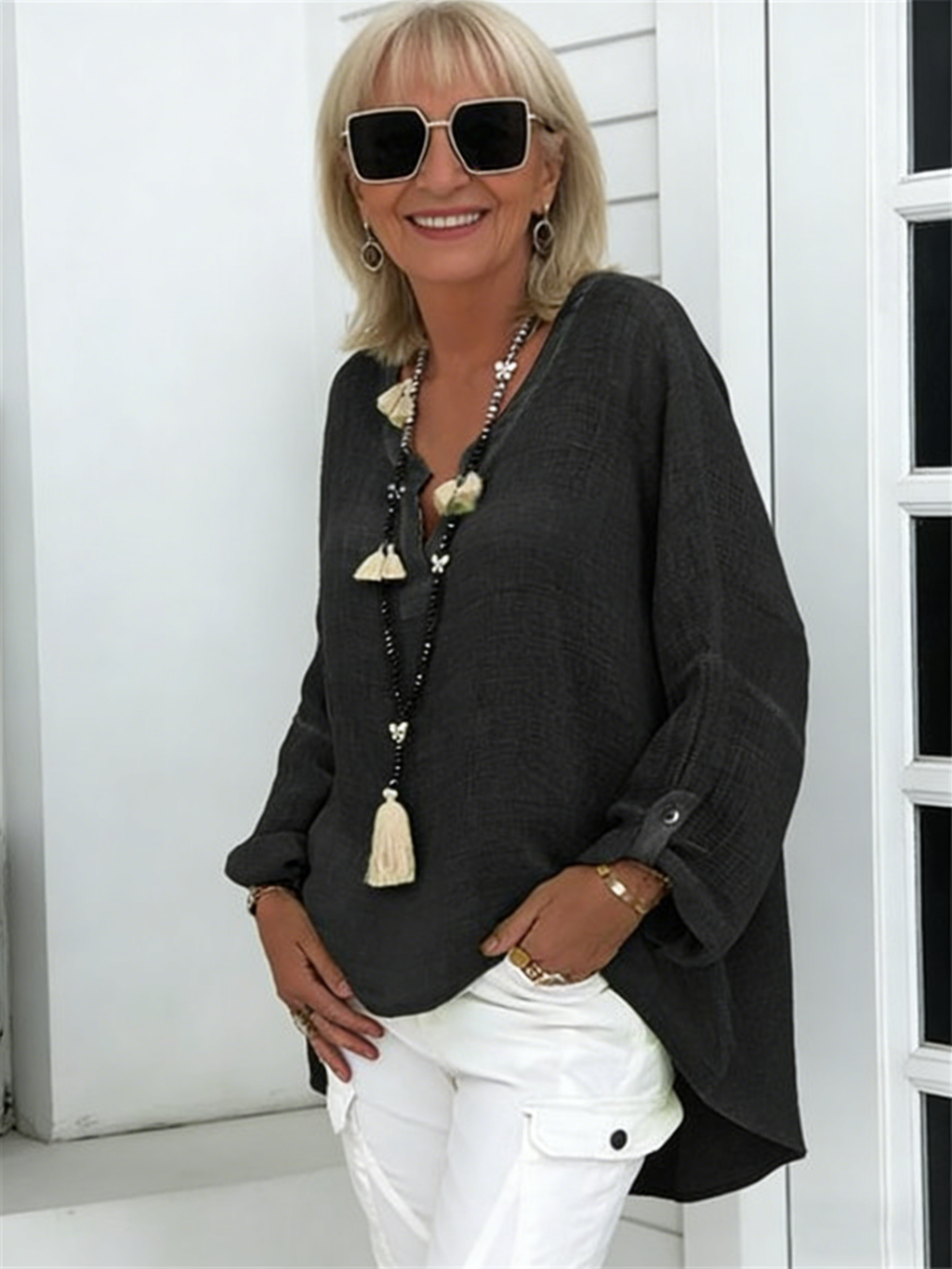 Solid Color Long-Sleeved Top Women