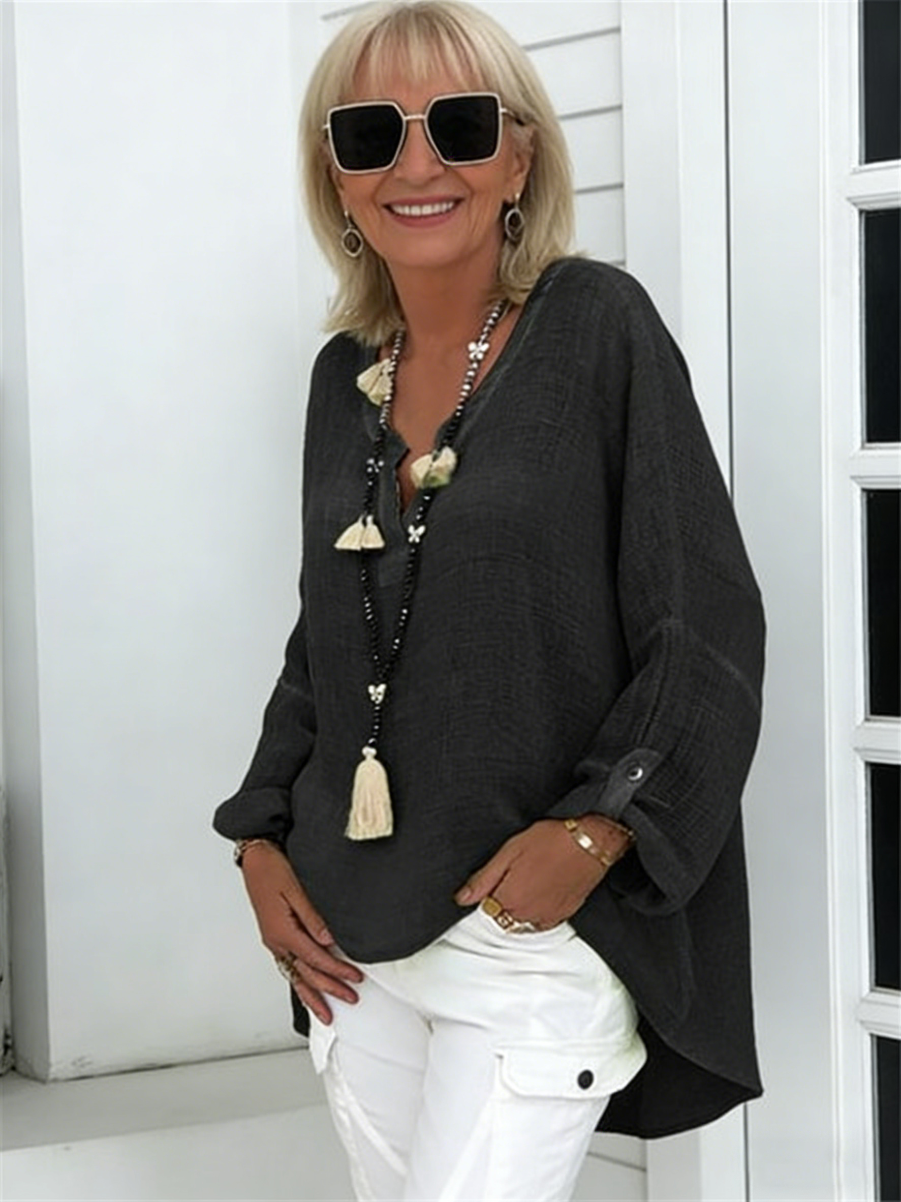 Solid Color Long-Sleeved Top Women