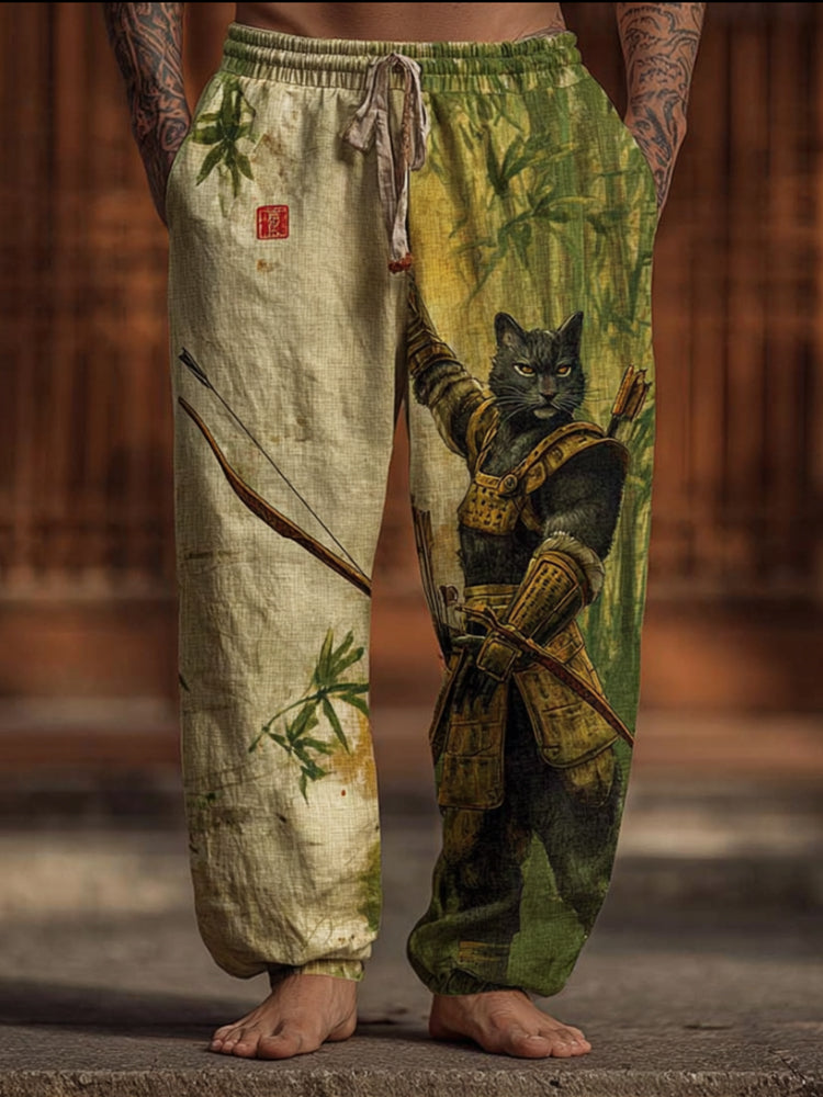 Men's Retro Archery Cat Print Art Linen-blend Casual Pants