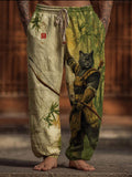 Men's Retro Archery Cat Print Art Linen-blend Casual Pants