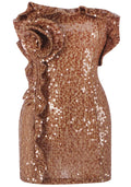 Strapless Sequin Floral Ruffle Dress Brown