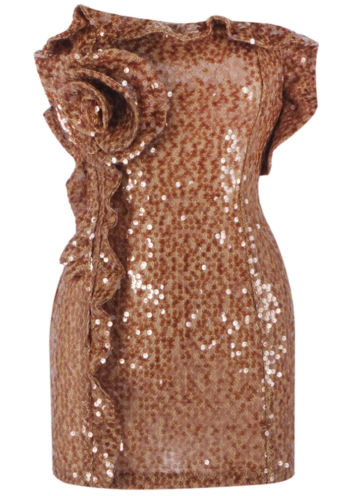 Strapless Sequin Floral Ruffle Dress Brown