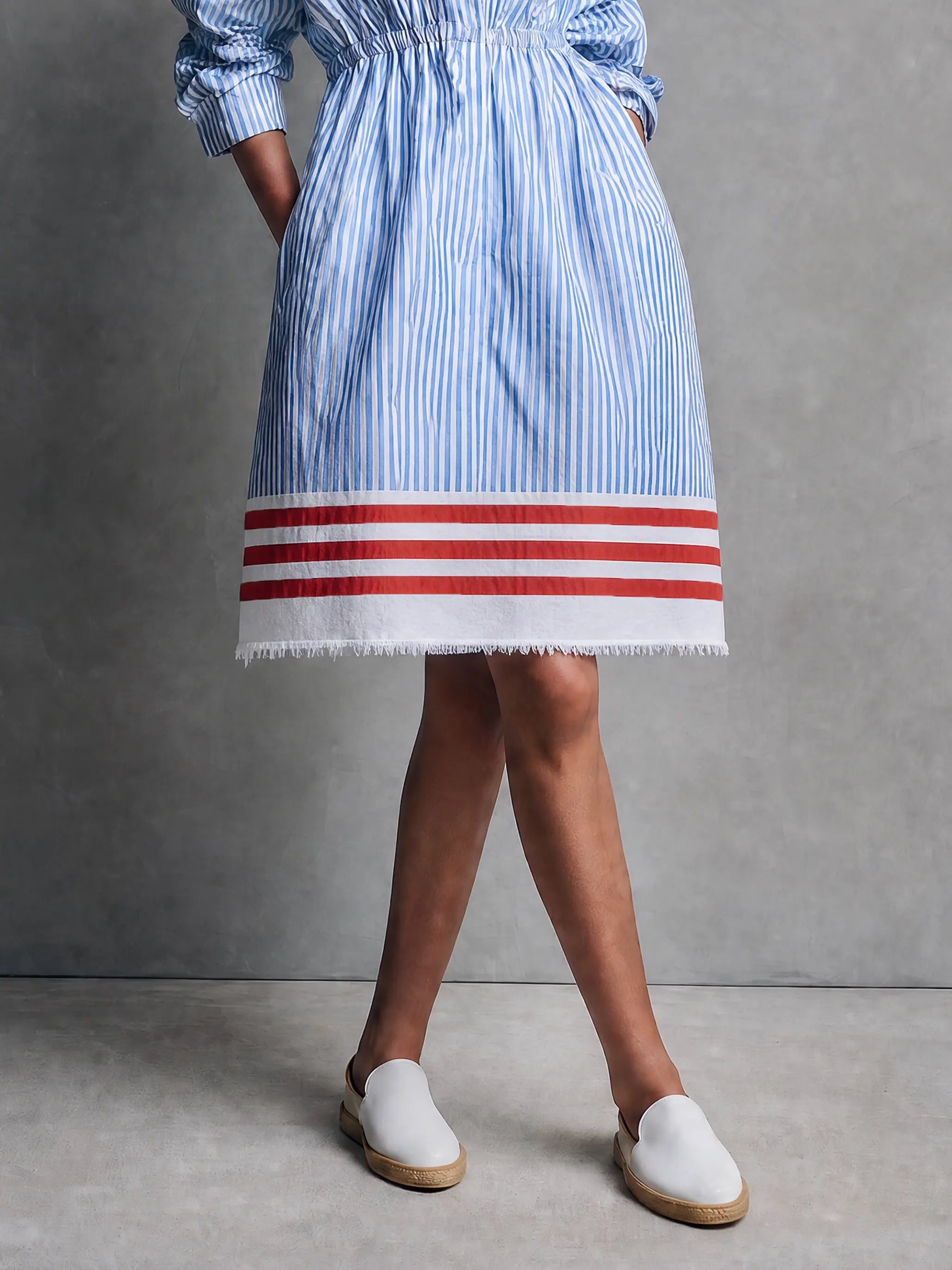 Women's Minimalist Striped Single-Breasted Long-Sleeve Midi Dress With Elastic Waist And Raw Hem MDZ0848G1WY