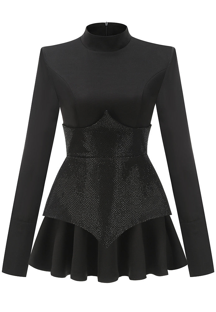 Long Sleeve Sparkly Corset A Line Dress Black